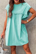 Mint Green Frilled Trim Crew Neck Loose Fit Mini Dress