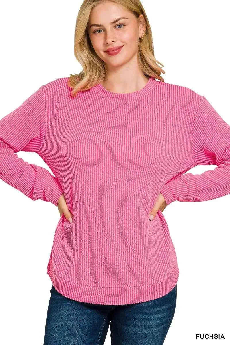Zenana Plus Size Raised Rib Round Neck Long Sleeve Top