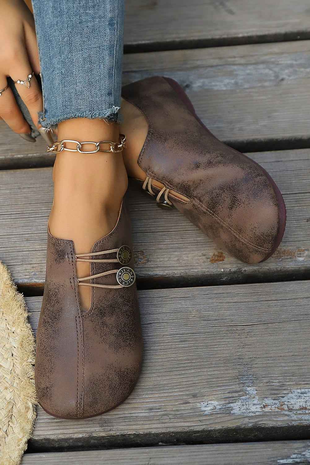 Coffee Button Detail Vintage Faux Leather Loafer Shoes
