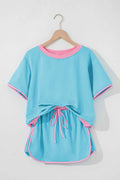 Turquoise Colorblock Edge Drop Shoulder T Shirt and Skort 2Pcs Set