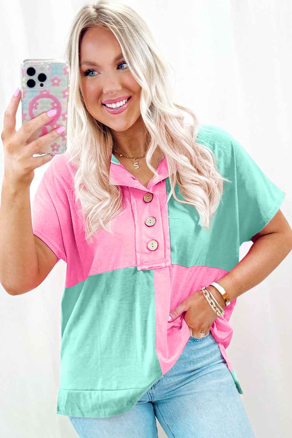 Mint Green Two Tone Half Buttons Collared T Shirt