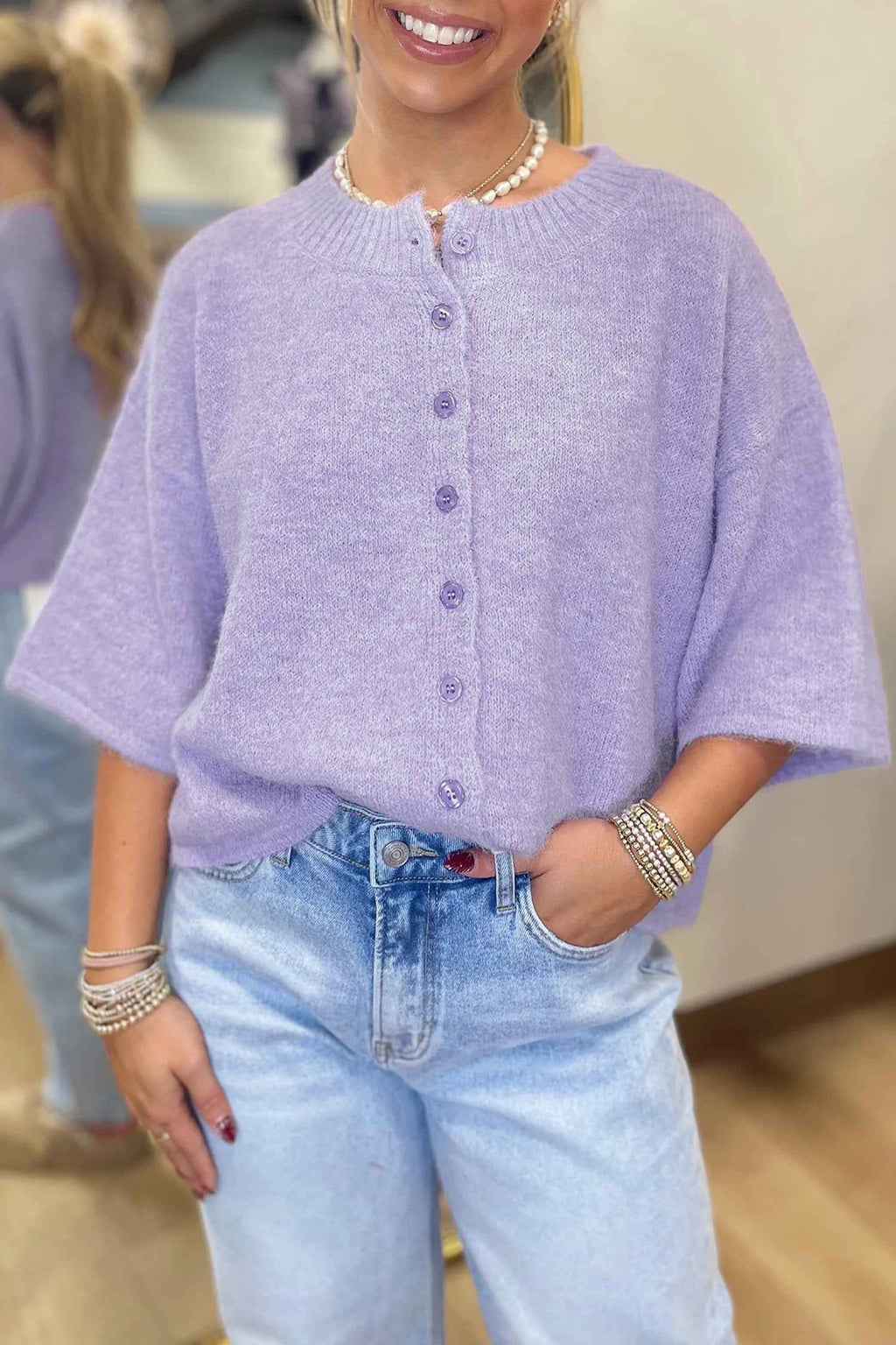 Lavendula 3/4 Sleeve Boxy Knit Button Down Sweater Cardigan