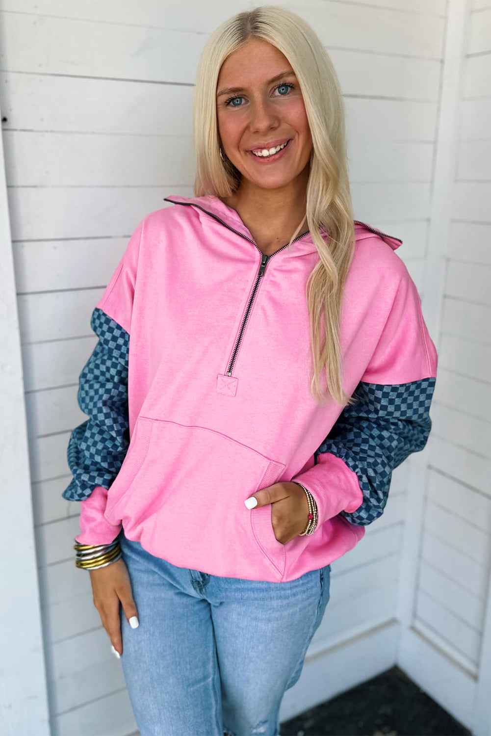 Bonbon Checkered Patchwork Kangaroo Pocket Half Zipper Hoodie