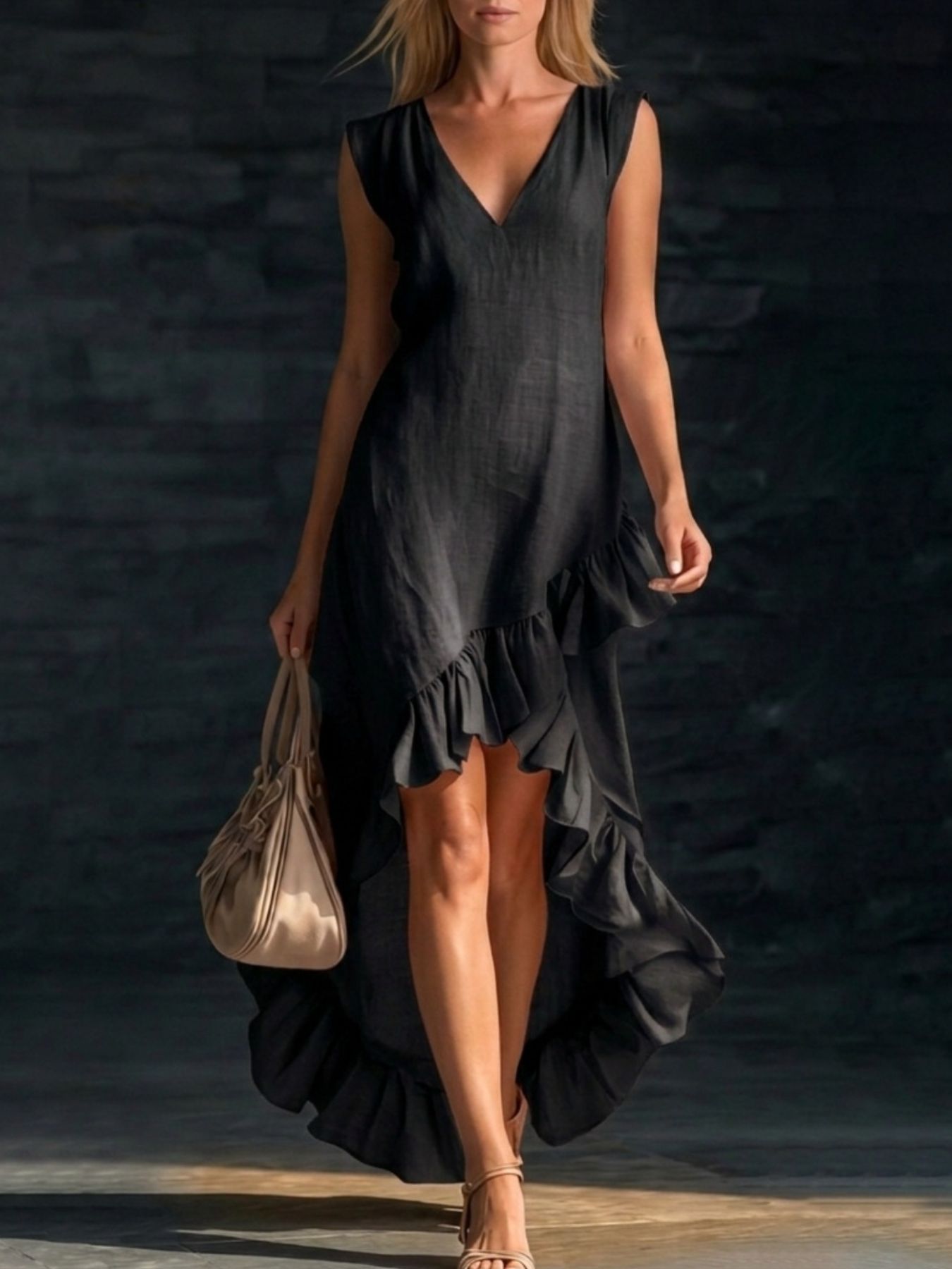 Sleeveless V-Neck Ruffle Hem High-Low Dress by Shopiebay