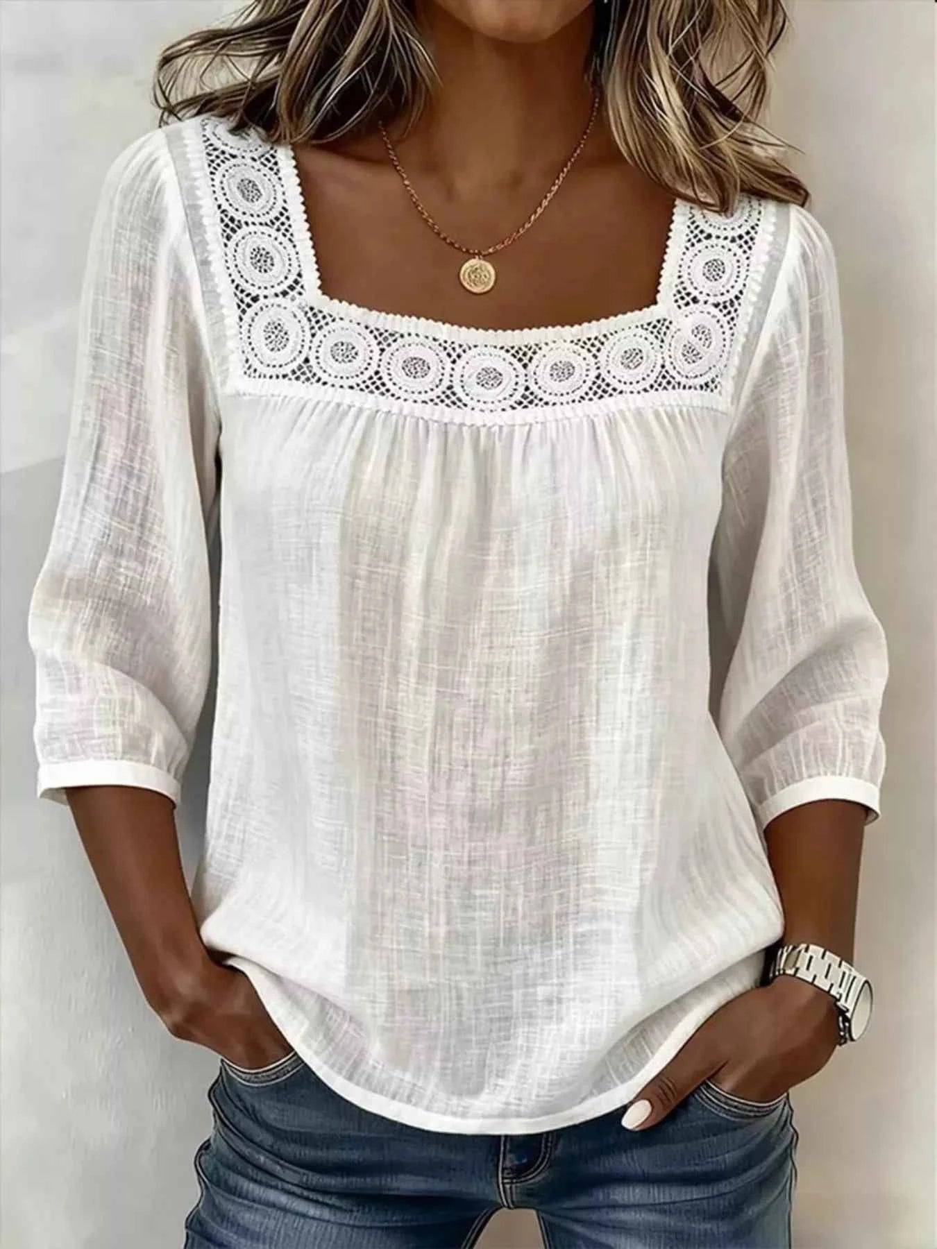 Crochet Trim Square Neck Blouse