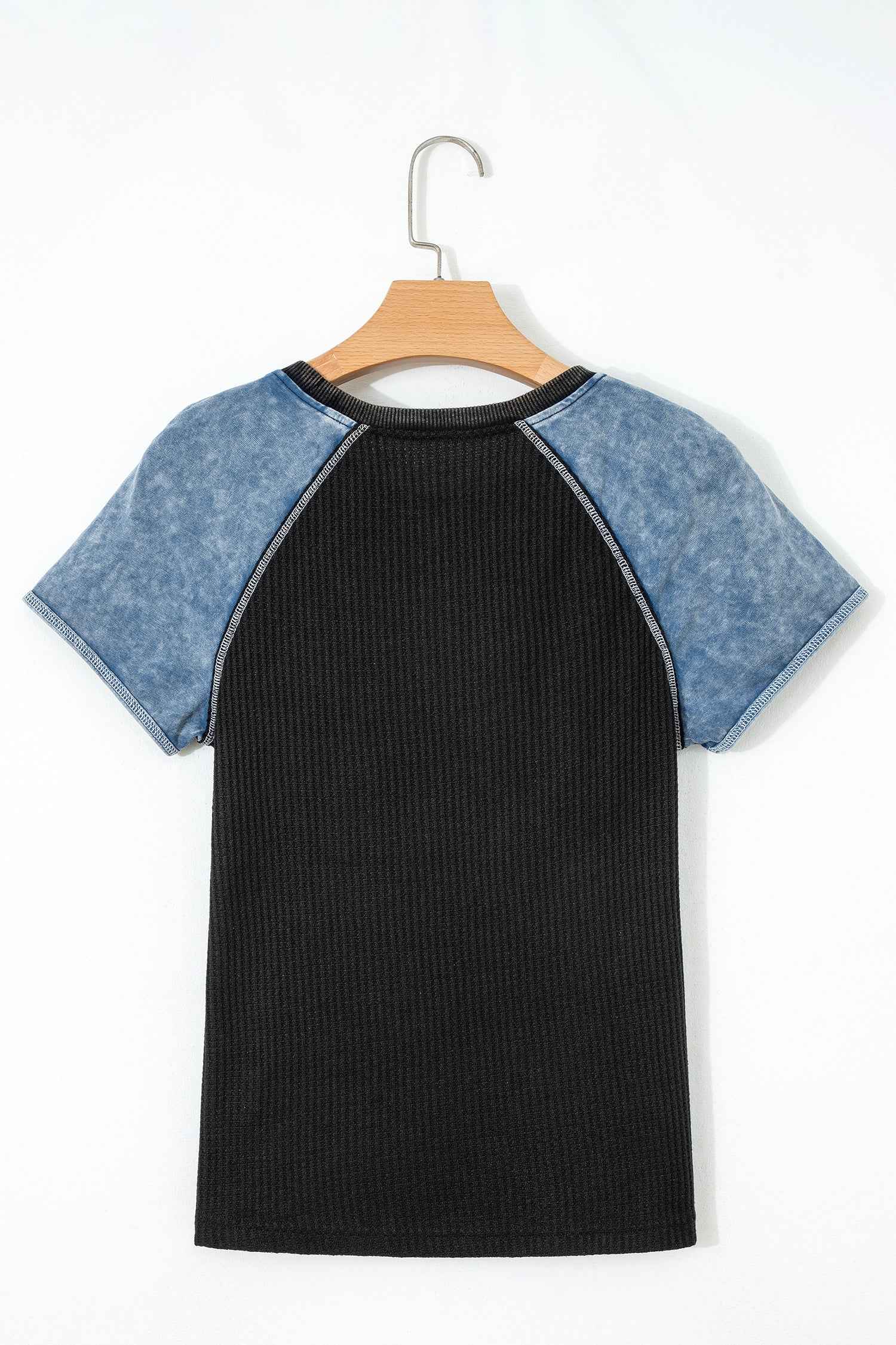 Carbon Grey Waffle Knit Seam Detail Color Block Patchwork Short Sleeve Top