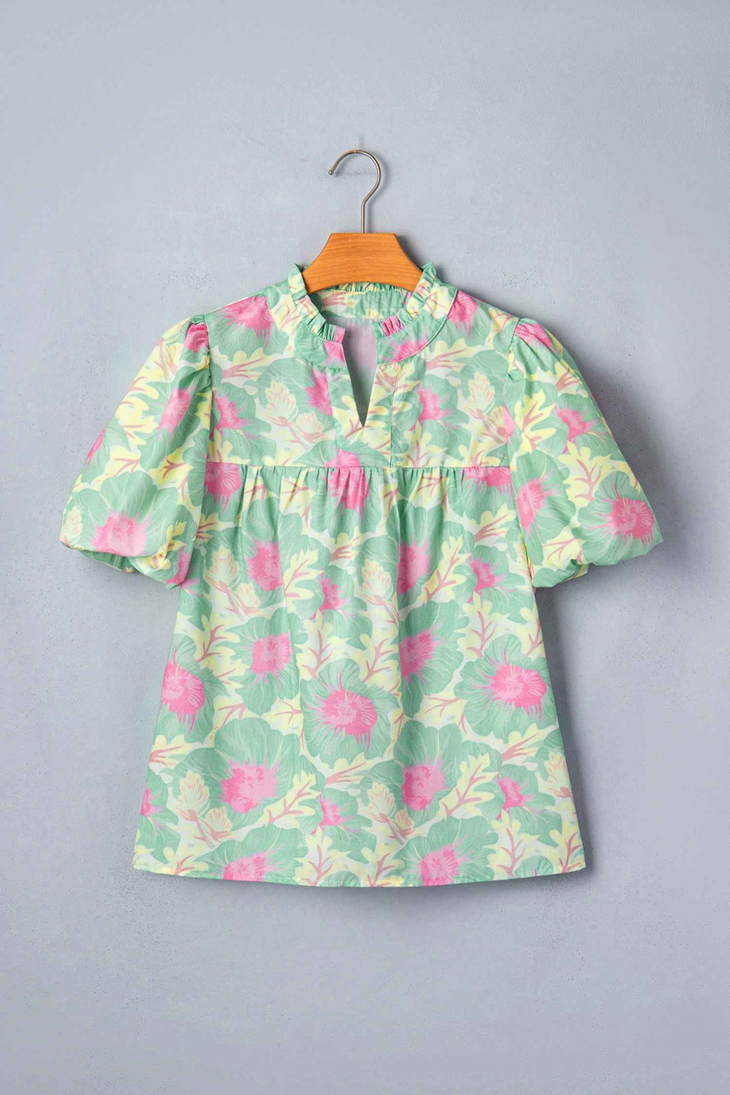 Yellow Short Bubble Sleeve Summer Floral Blouse