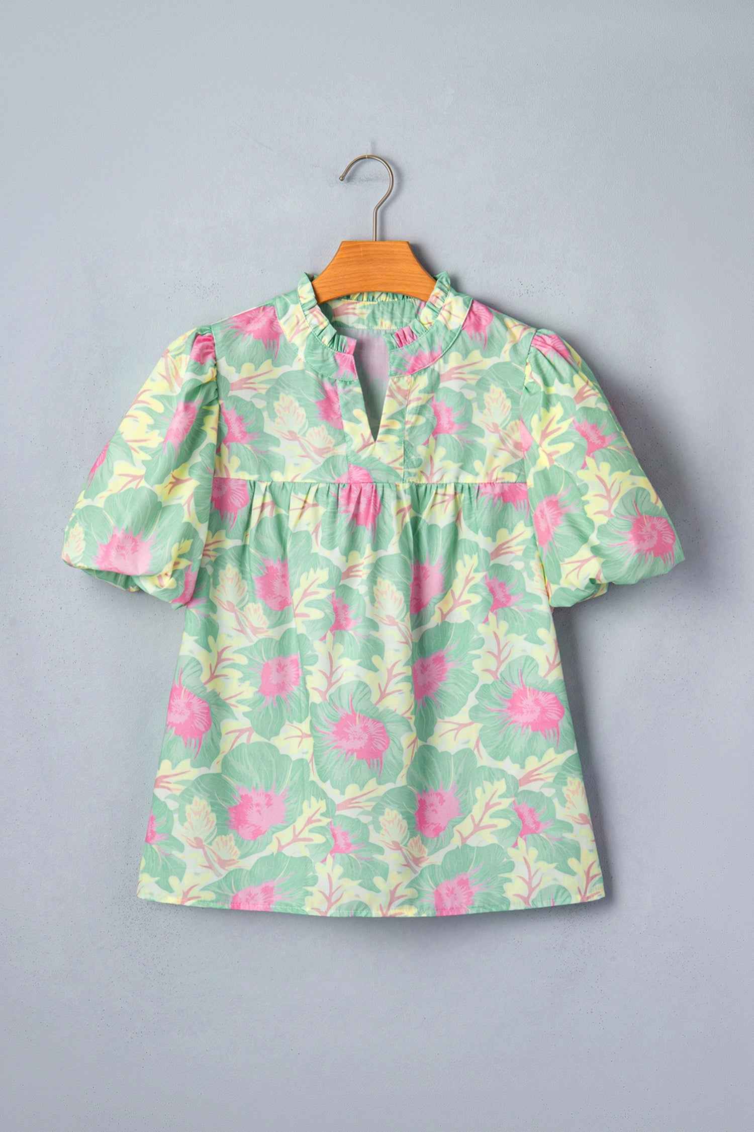 Yellow Short Bubble Sleeve Summer Floral Blouse