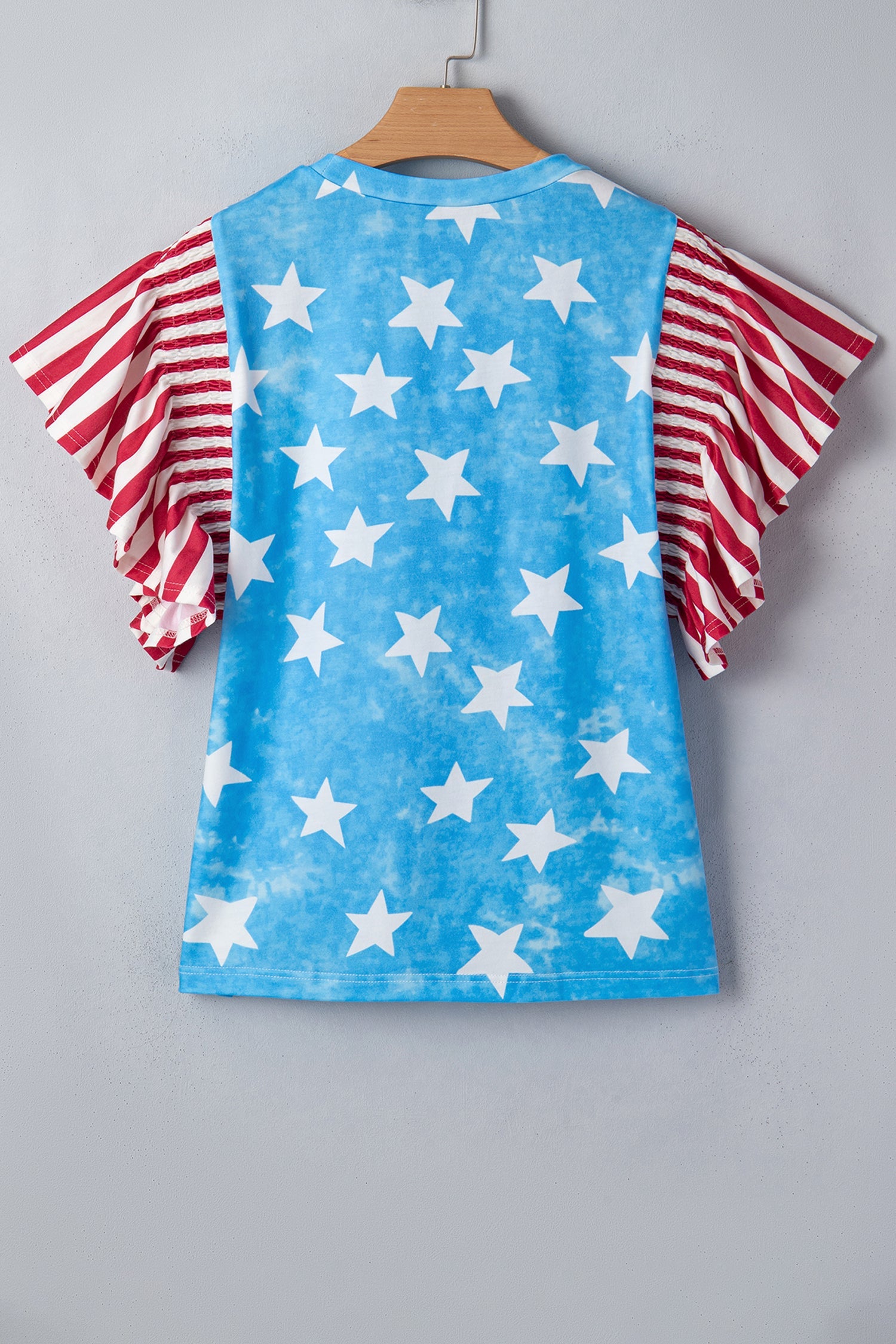 Sky Blue Vintage Star Print Striped Ruffle Sleeve Independence Day Top