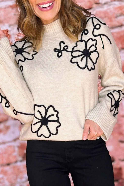 Beige Flower Stitching Mock Neck Sweater by Wild and Free Boutique