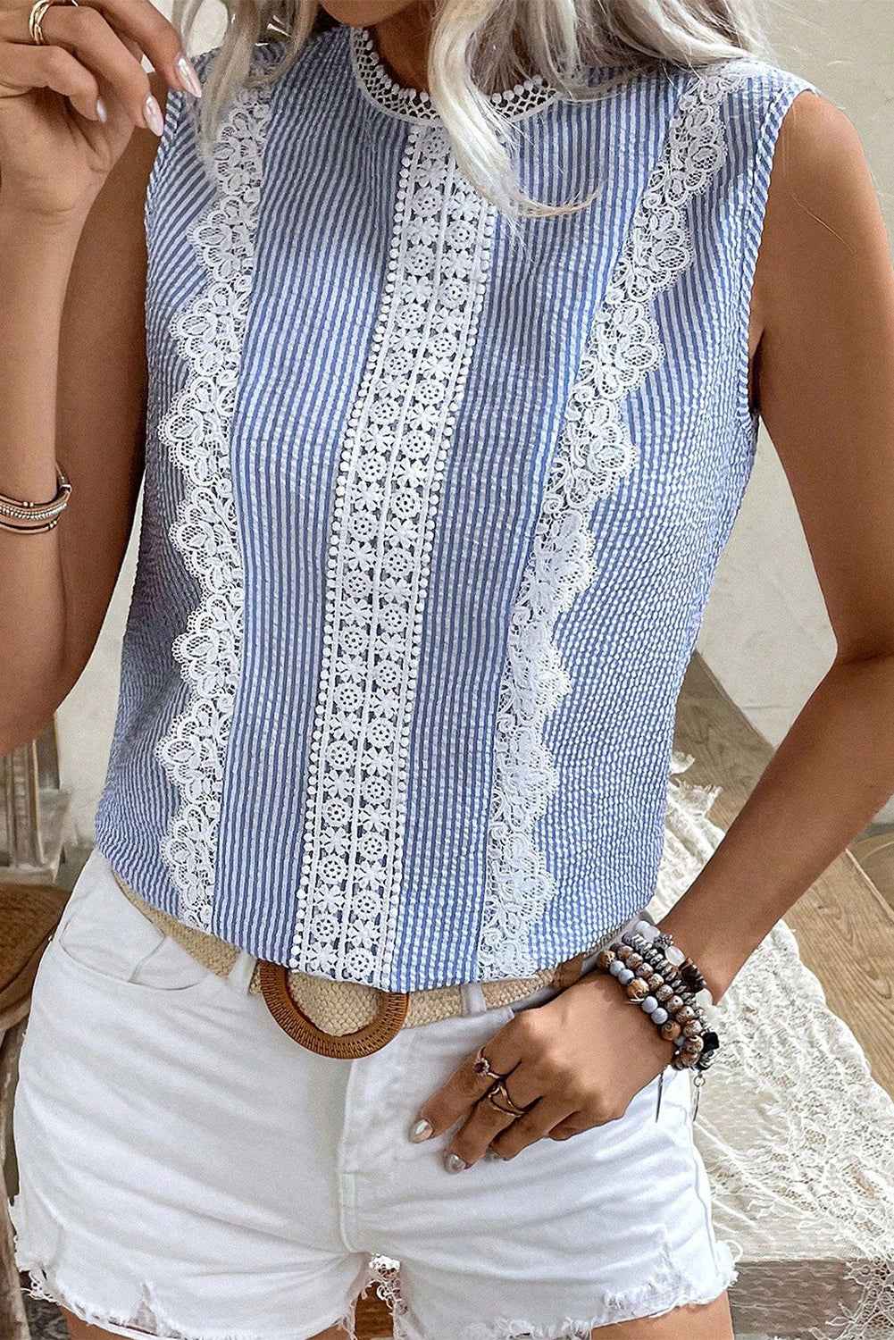 Sky Blue Stripe Lace Patchwork Crew Neck Tank Top