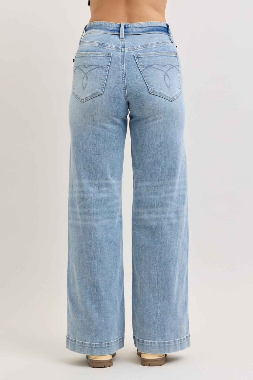 Judy Blue Mid Rise Retro Wide Leg Jeans with Fold-over Waistband