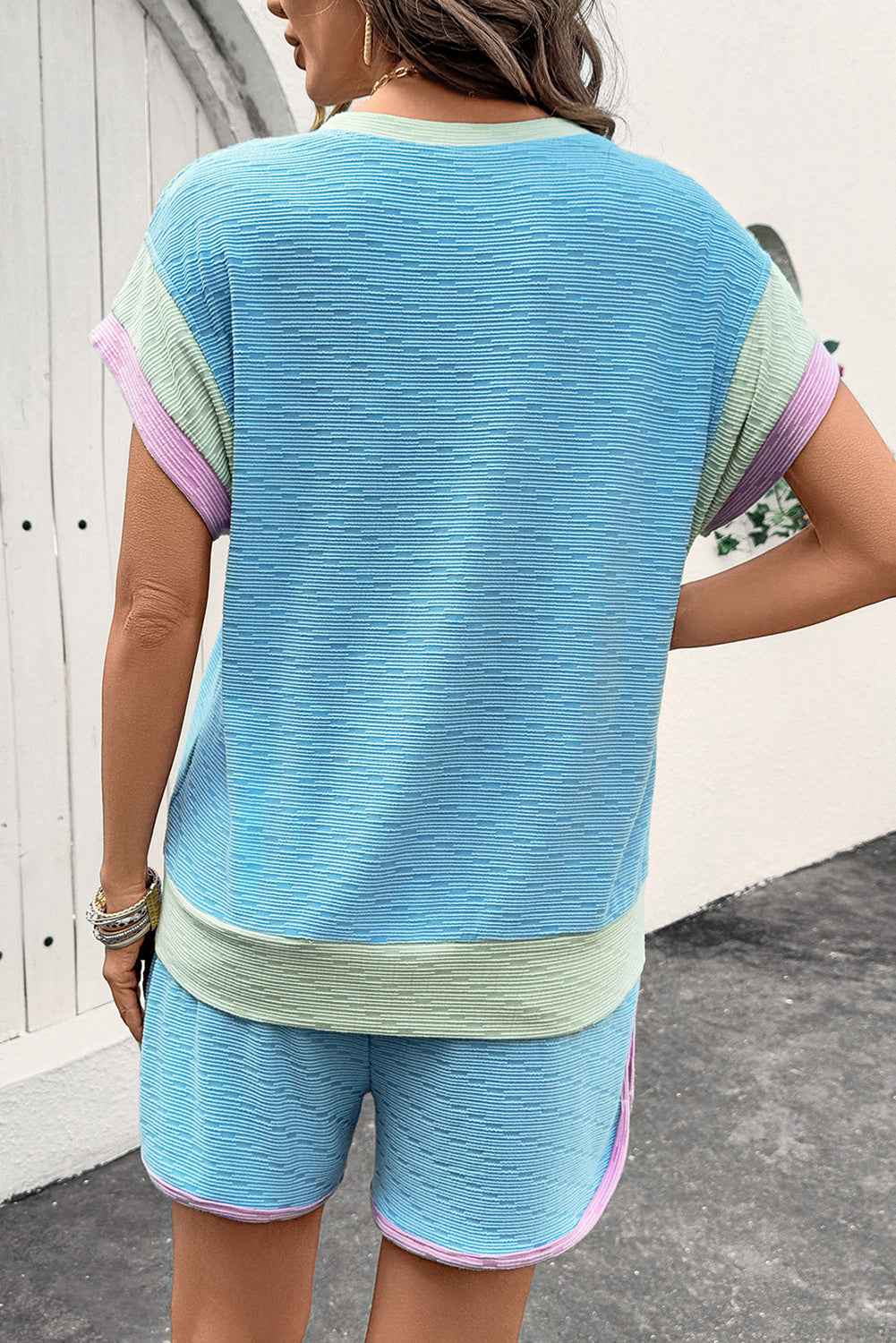 Beau Blue Colorblock Cap Sleeve Top and Shorts Set