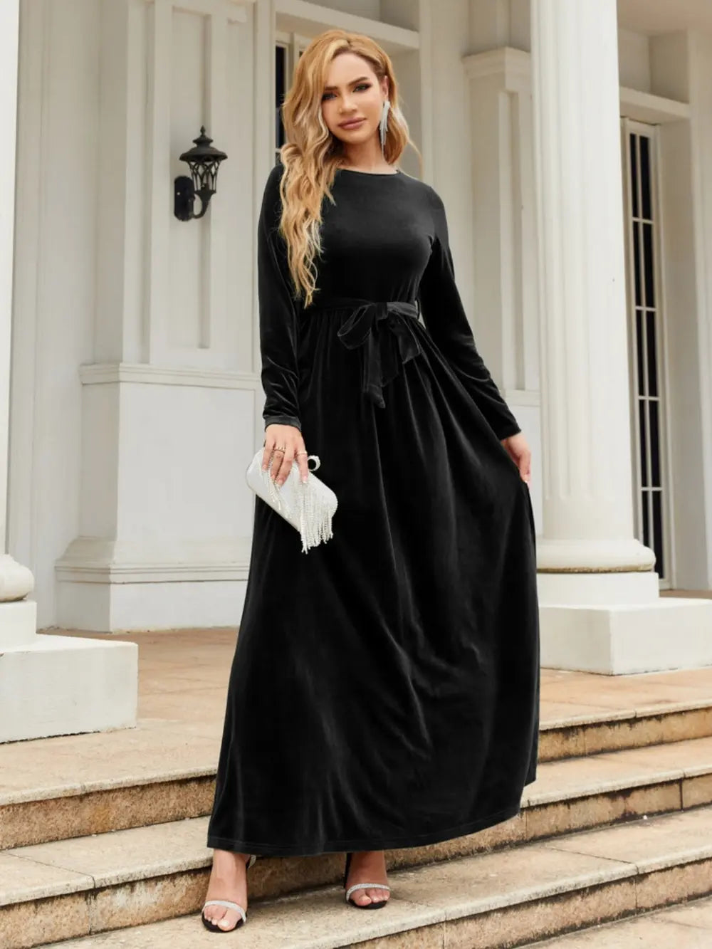 Tie Front Round Neck Long Sleeve Maxi Dress by Shopiebay