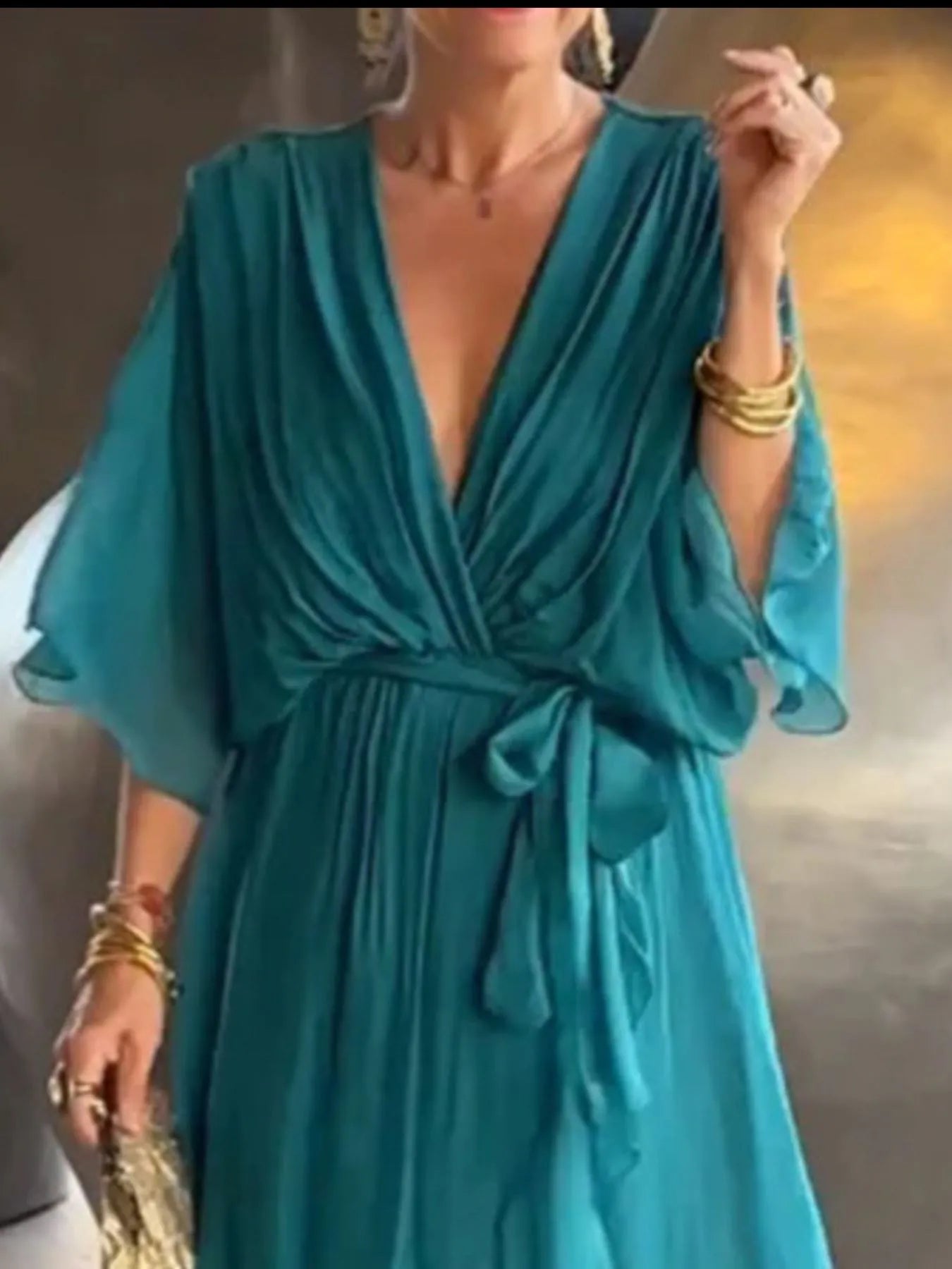Flowy Tie Front Midi Dress with Flutter Sleeves by Shopiebay