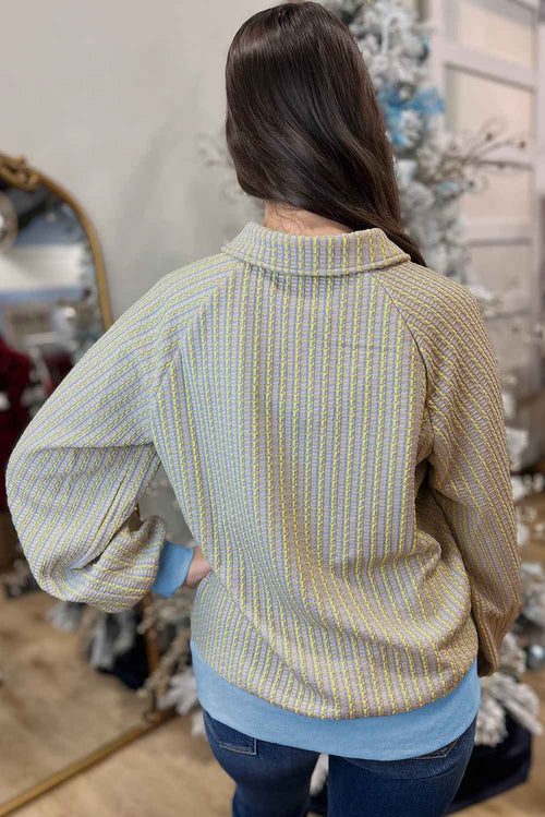 Beau Blue Button Front Jacquard Henley Sweatshirt by Wild and Free Boutique