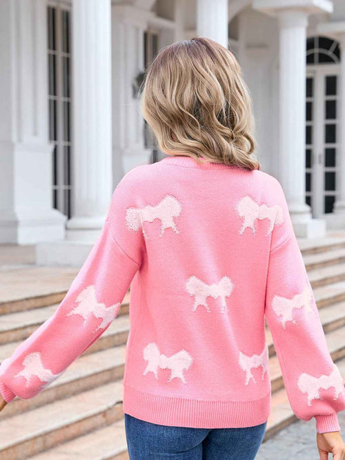 Angel Wings Bow Round Neck Dropped Shoulder Sweater by Wild and Free Boutique
