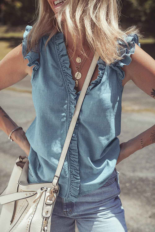 Beau Blue Frilly Ruffle Trim V Neck Chambray Tank Top by Wild and Free Boutique
