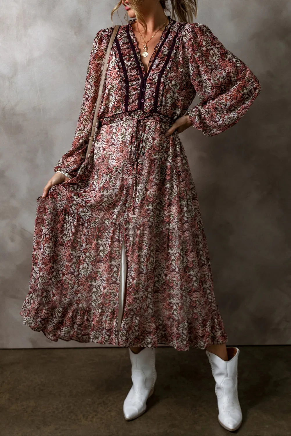 Frill Printed V-Neck Long Sleeve Midi Dress by Shopiebay