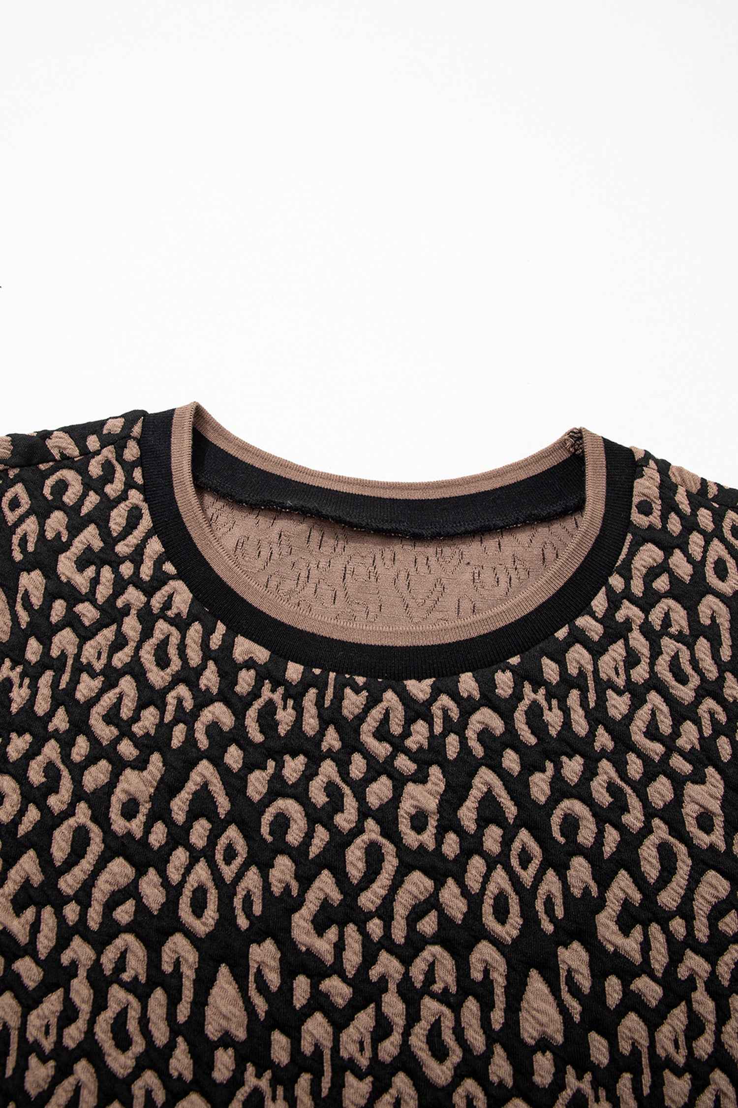 Black Leopard Print Puffy Bracelet Sleeve Contrast Trim Round Neck Top