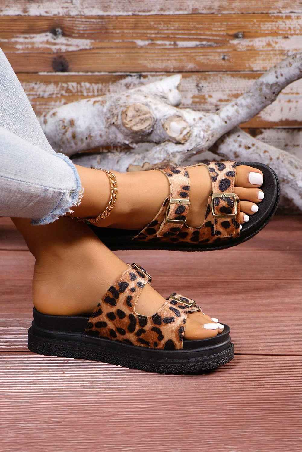 Chestnut Leopard Cut Out Buckle Strap Thick Sole Slippers
