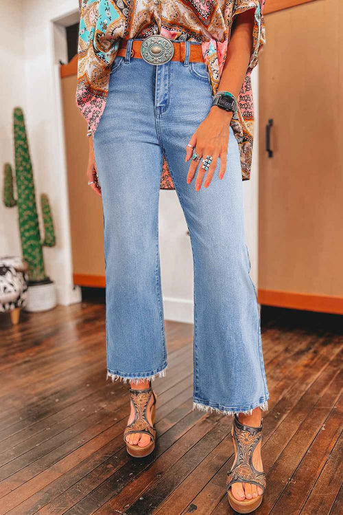 Beau Blue Mineral Wash Raw Hem High Waist Flared Jeans by Wild and Free Boutique