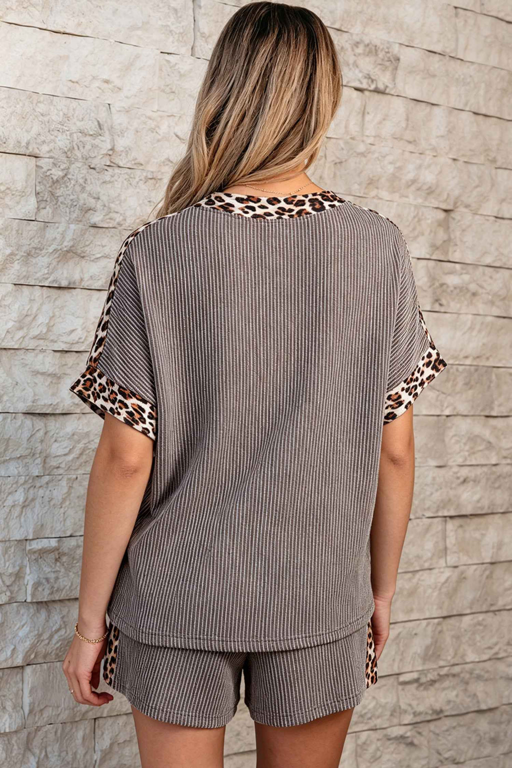 Light Grey Leopard Trim Twist Ribbed Short Set