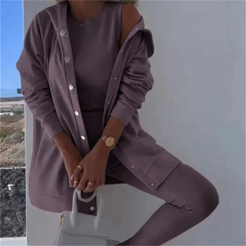 Women's Fashion Sports And Leisure Hooded Sweater Vest Pants Three-piece Set See size chart under “more details”