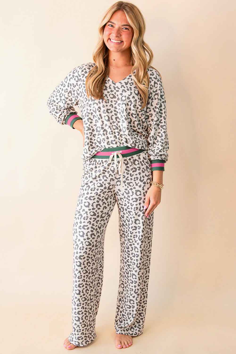 Gray V Neck Leopard Long Sleeve Top Striped Webbing Patchwork Drawstring Pant Set