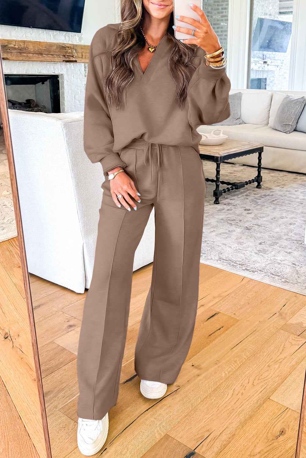 Dark Khaki Polo Collar V Neck Pullover and Drawstring Sweatpants Set