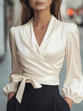 Satin Tied Balloon Sleeve Blouse