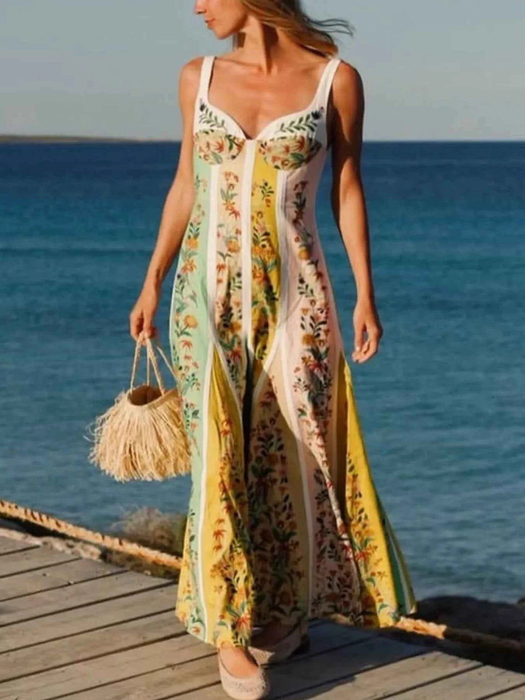Floral Print Sweetheart Neck Maxi Dress