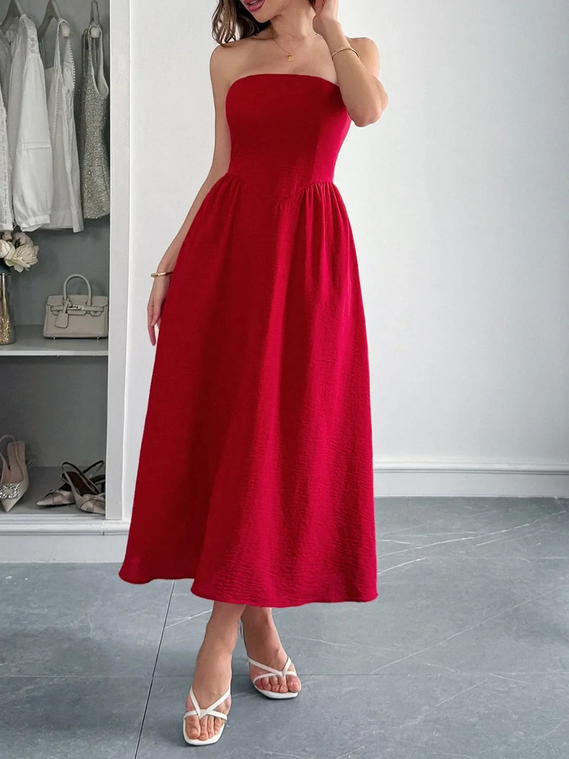 Strapless A-Line Midi Dress with Pockets by Shopiebay