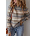 Gray Stripe Color Block Ribbed Edge Round Neck Sweater