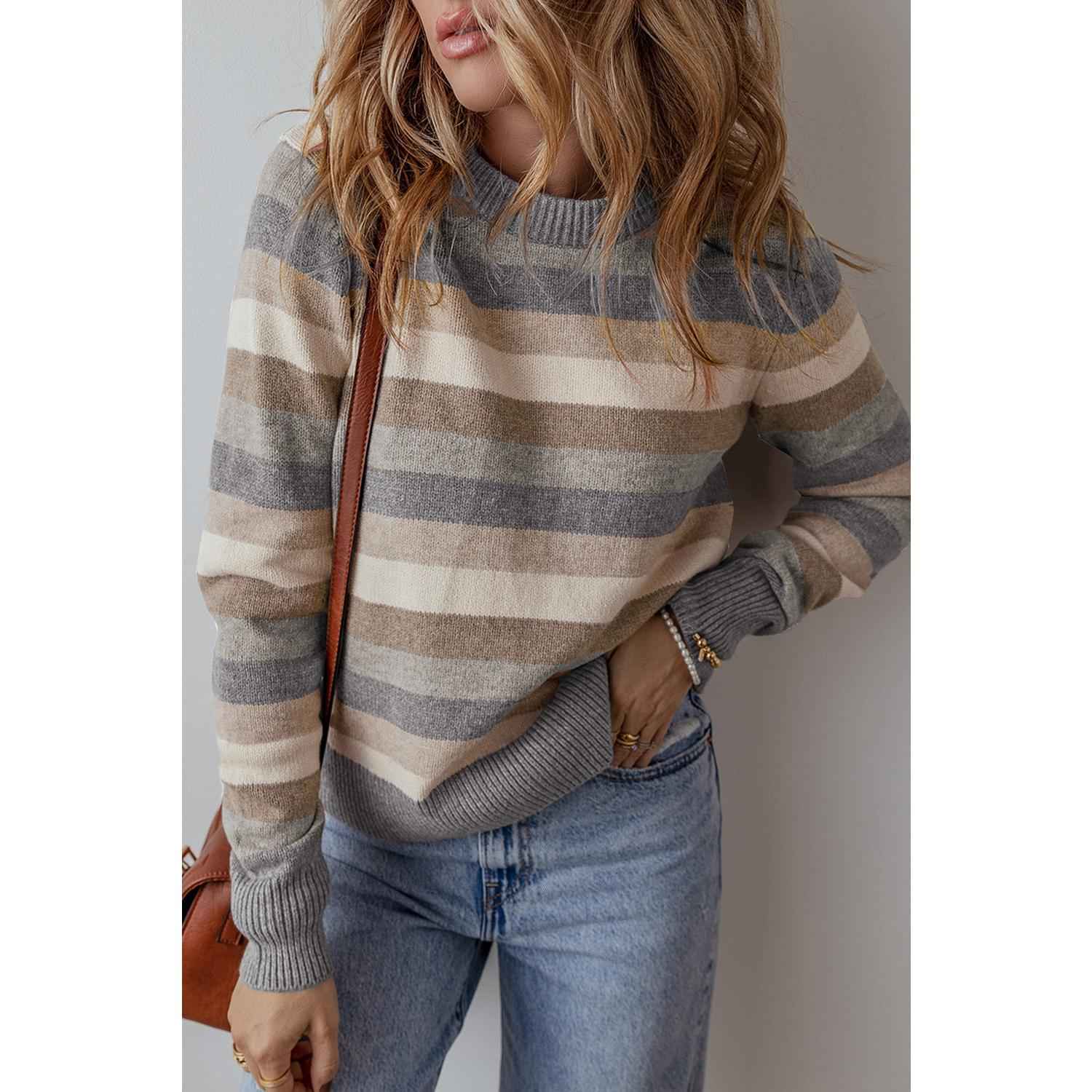 Gray Stripe Color Block Ribbed Edge Round Neck Sweater