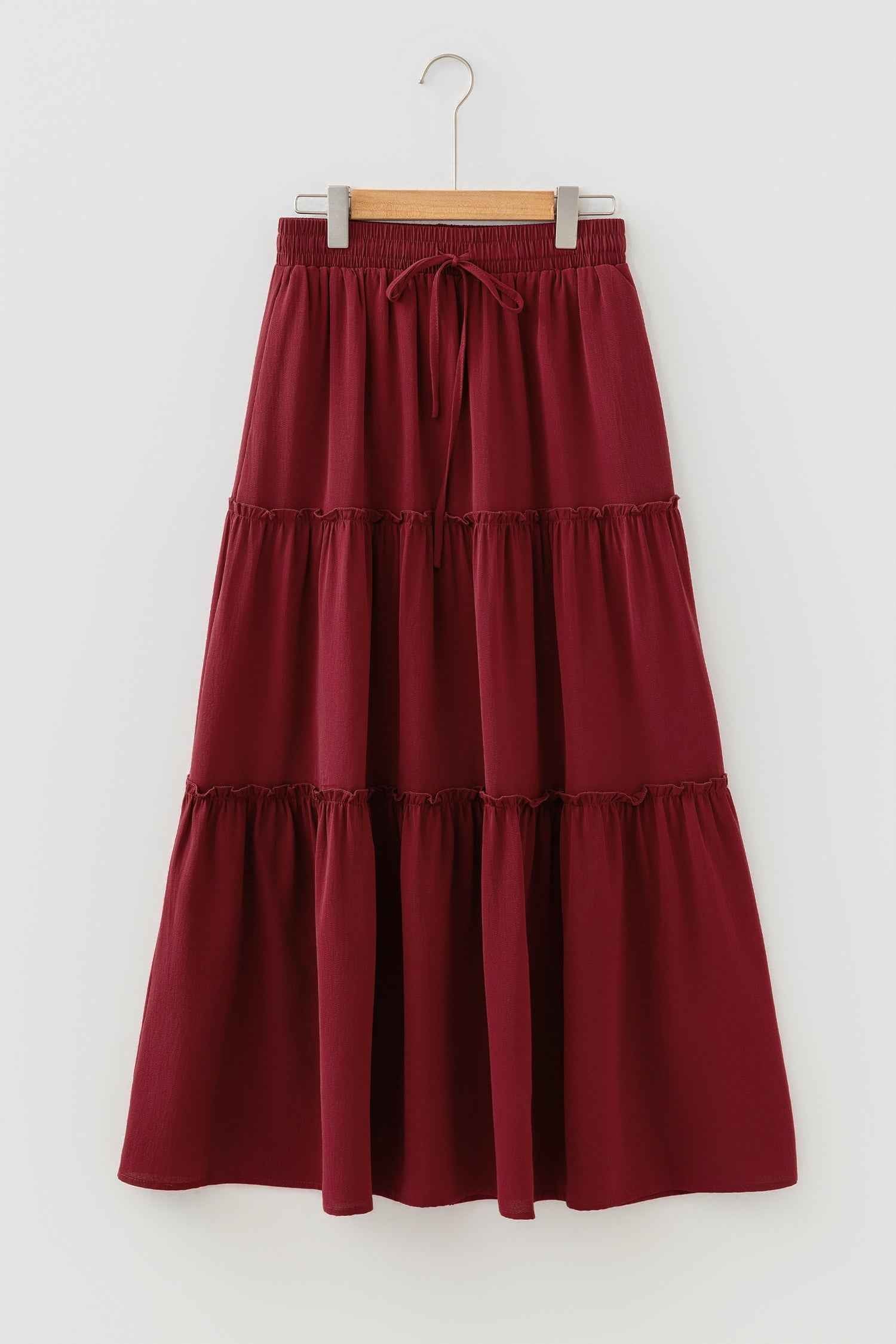 Fiery Red Black Frill Tiered Drawstring Waist Maxi Skirt