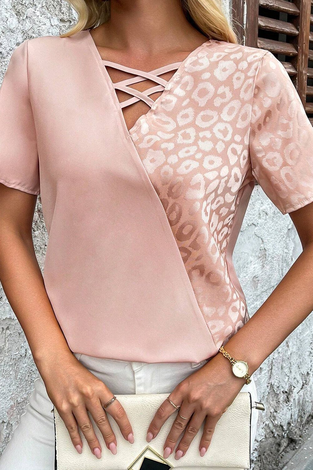 Apricot Pink Leopard Patchwork Cross Strappy V Neck Blouse