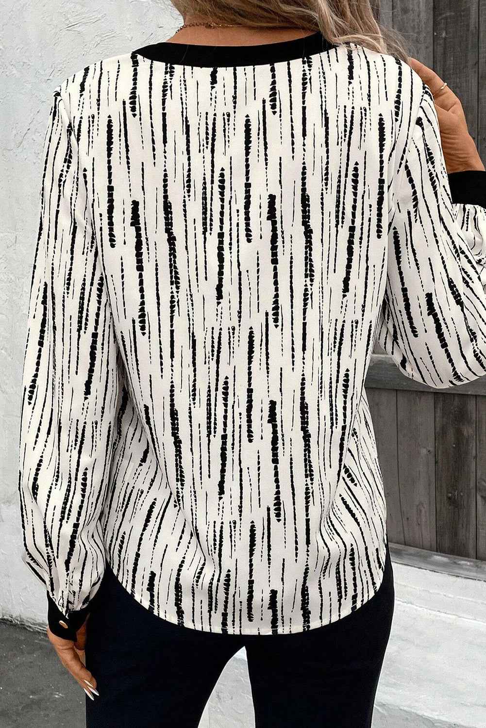 White Abstract Print V-neck Long-sleeve Blouse