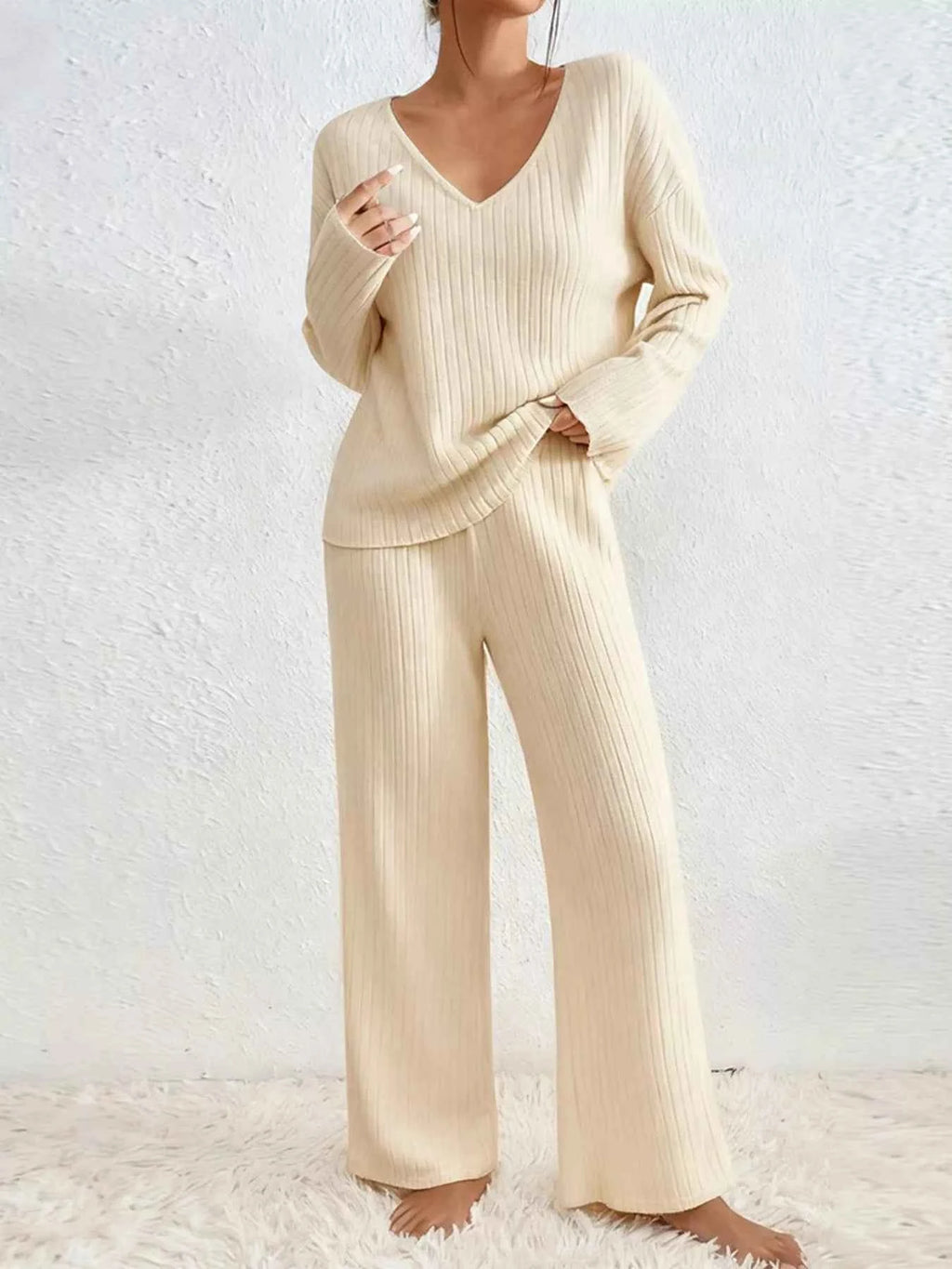 Ribbed Knit V-Neck Top and Pants Set