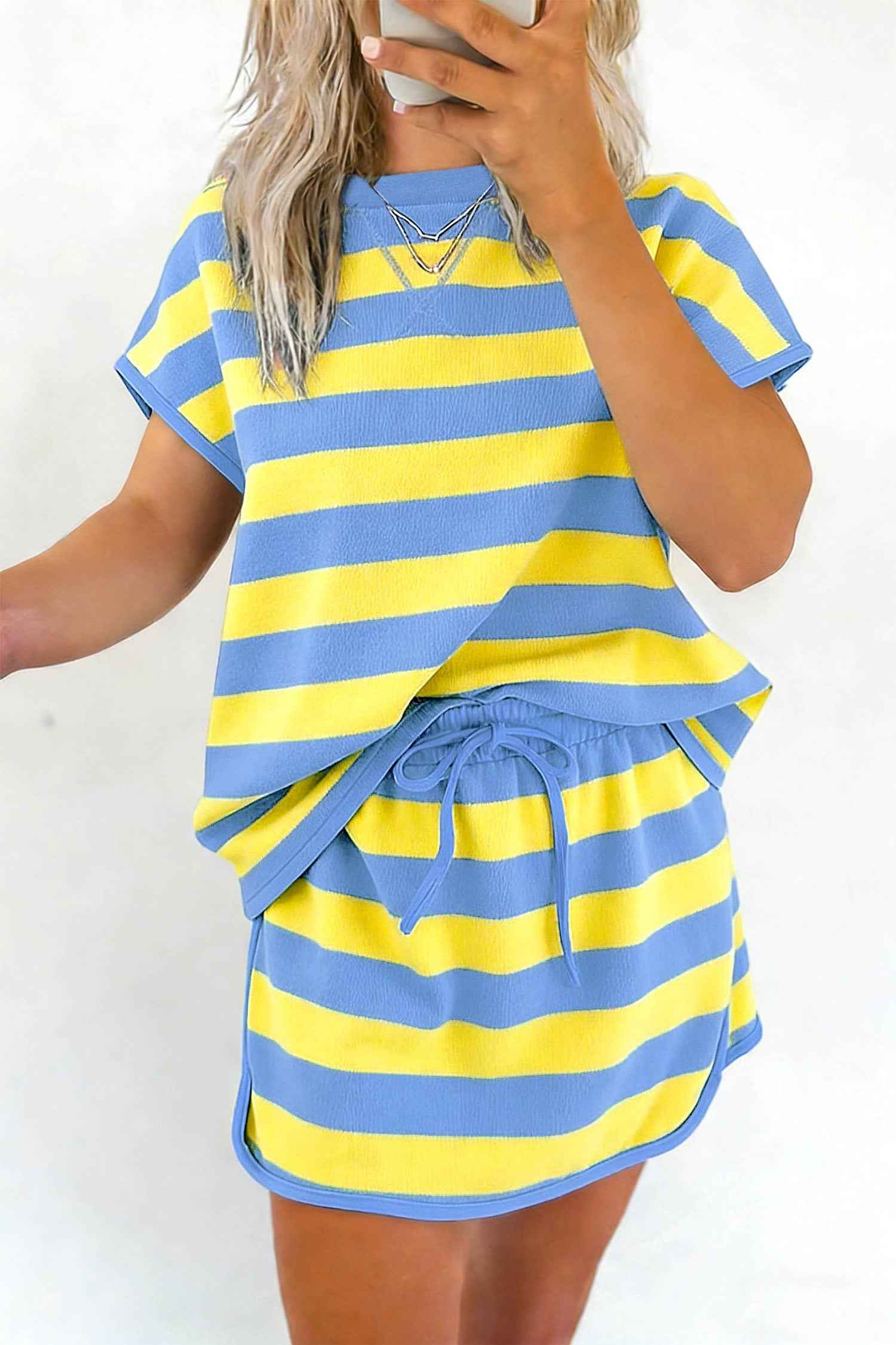 Yellow Stripe Dolman Tee Drawstring Skort Athletic 2pcs Set