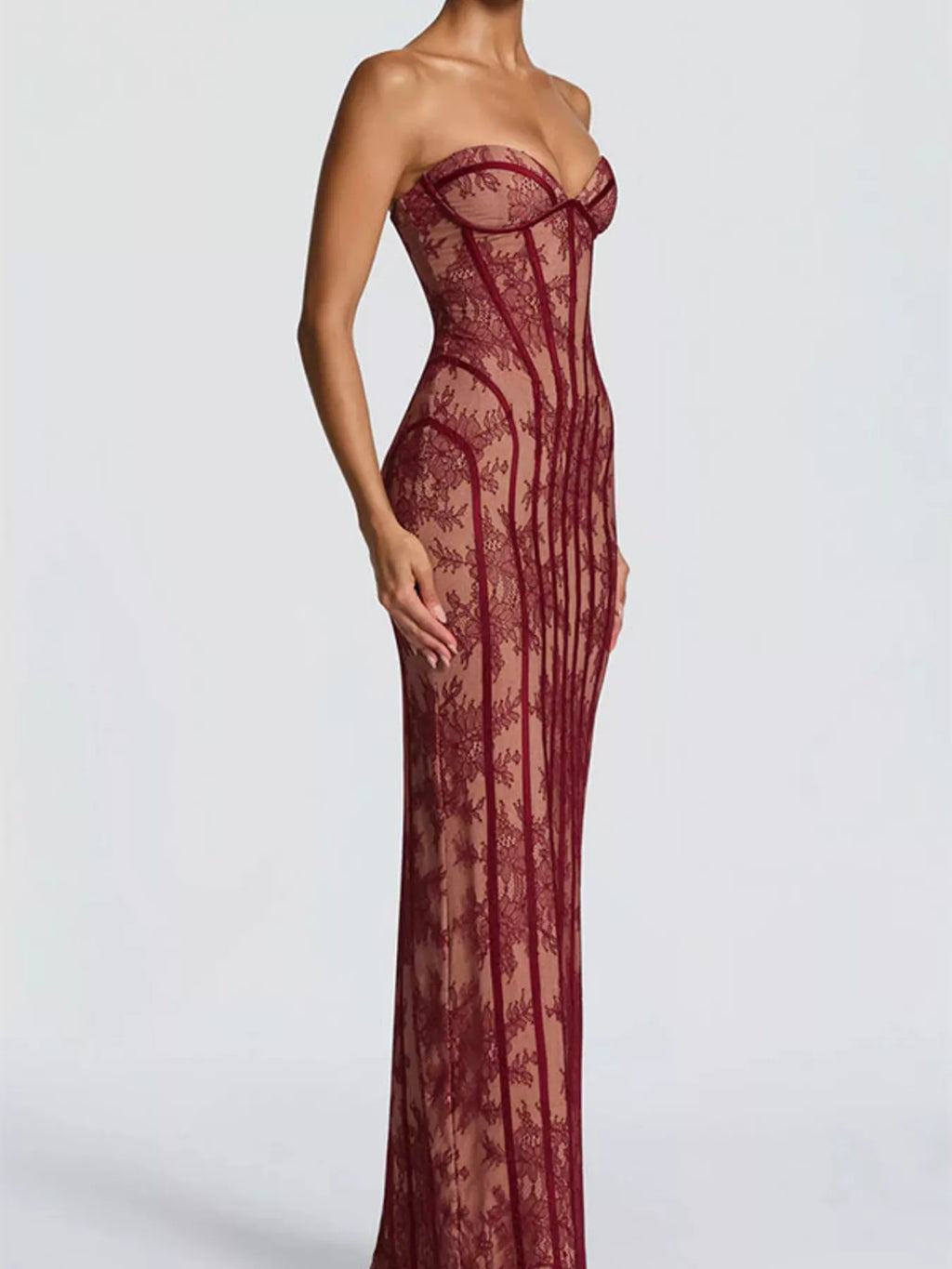 Lace Up Back Strapless Maxi Dress by Shopiebay