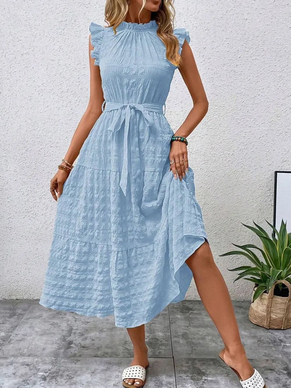 Tied Ruffled Cap Sleeve Midi Dress by Shopiebay