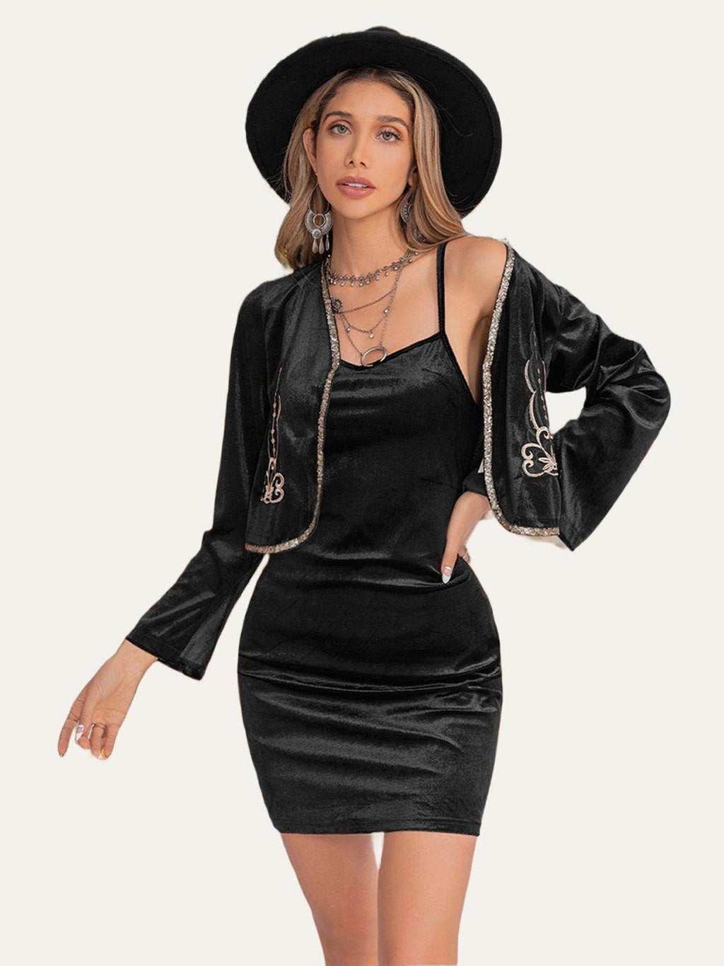 Embroidered Open Front Cardigan and Cami Dress Set for Women by Selvanelle
