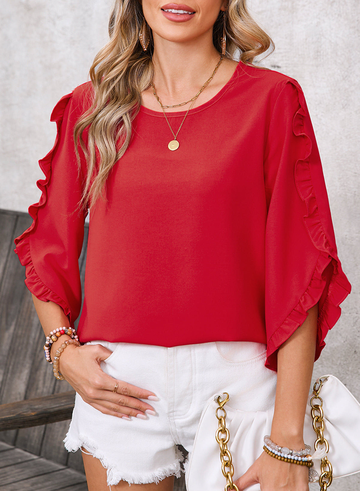 Black Frill Trim Plain Tulip Sleeve Blouse