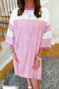 Phalaenopsis Striped Patchwork Three Quarters Sleeve Loose Mini Dress