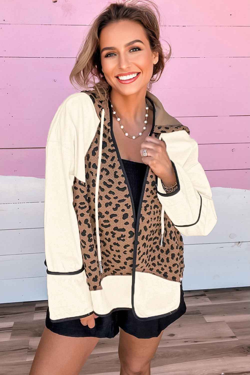 Brown Leopard Star Hooded Patchwork Contrast Piping Open Front Jacket