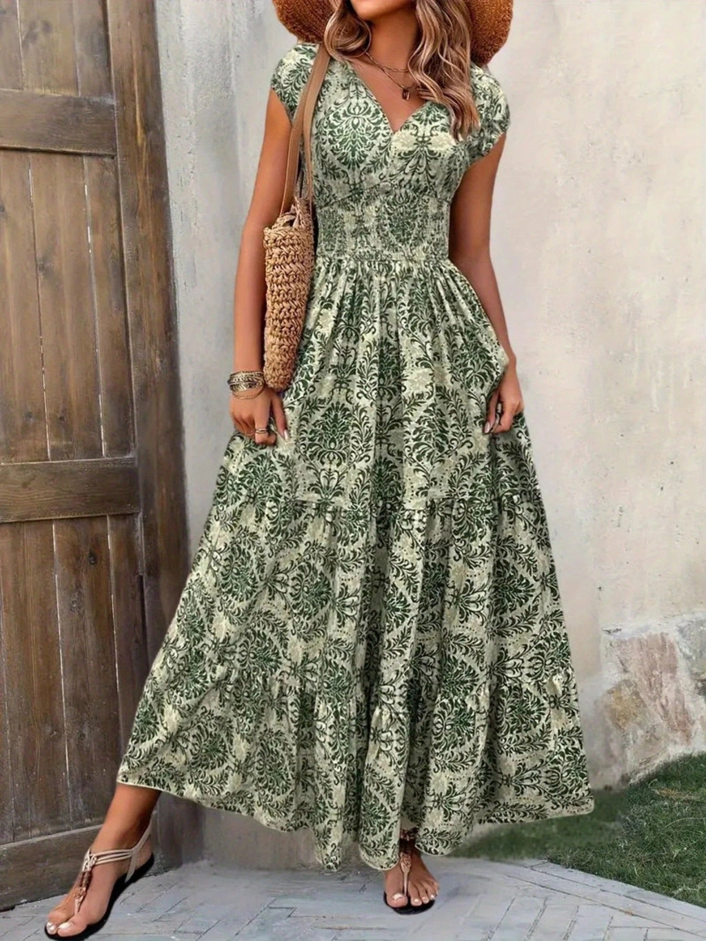 Printed Cap Sleeve Maxi Dress by Shopiebay
