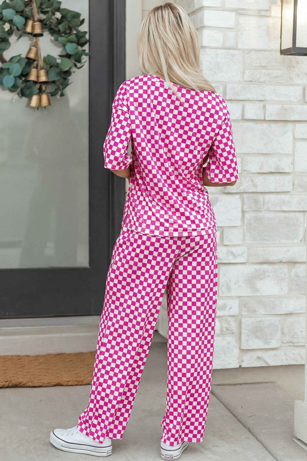 Rose Checkered Print Half Sleeve Tee 2pcs Lounge Pant Set