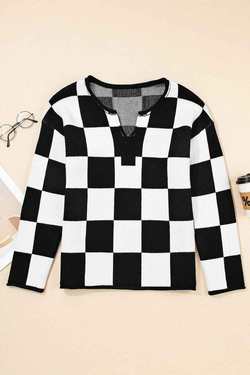 Black Checked Notched Neckline Drop Shoulder Knit Sweater by Wild and Free Boutique