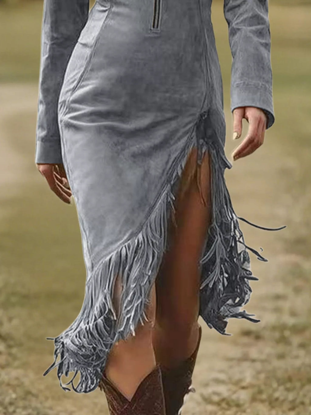 Fringe Hem Zip Front Bodycon Dress by Shopiebay
